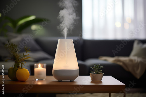 Humidifier on a table in a living room at home blurred background. White plastic humidifier with white steam jet in cozy interior design, commercial photo. photo