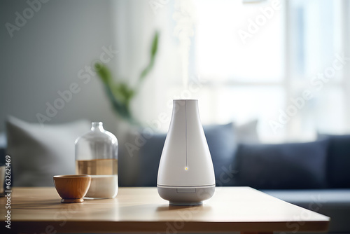 Humidifier on a table in a living room at home blurred background. White plastic humidifier with white steam jet in cozy interior design, commercial photo.
