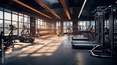 Fitness gym indoor background. AI generative. © vadymstock