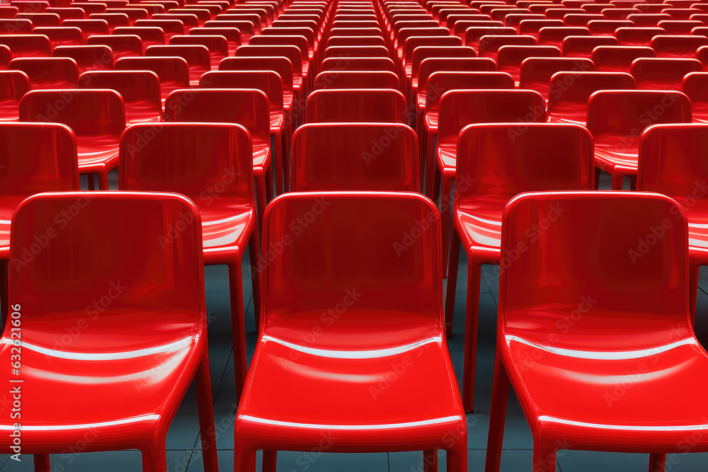 Fototapeta premium A row of identical red chairs lined up in a perfectly straight lines, symmetrical pattern in pop art style. 3d render illustration style. 