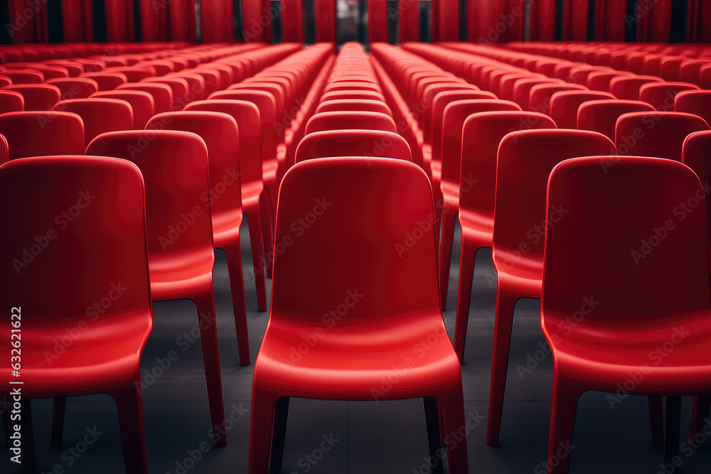 A row of identical red chairs lined up in a perfectly straight lines, symmetrical pattern in pop art style. 3d render illustration style. A row of identical red chairs lined up in a perfectly straight lines, symmetrical pattern in pop art style. 3d render illustration style.