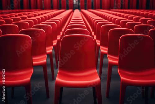 A row of identical red chairs lined up in a perfectly straight lines  symmetrical pattern in pop art style. 3d render illustration style. 