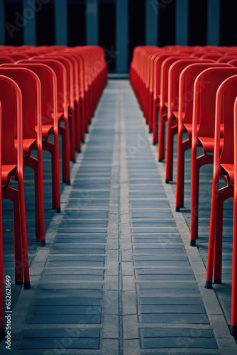 A row of identical red chairs lined up in a perfectly straight lines, symmetrical pattern in pop art style. 3d render illustration style. Vertical wallpaper. © dinastya