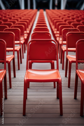 A row of identical red chairs lined up in a perfectly straight lines, symmetrical pattern in pop art style. 3d render illustration style. Vertical wallpaper. © dinastya