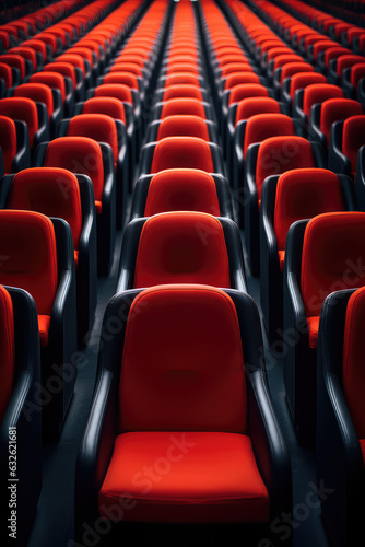 A row of identical red chairs lined up in a perfectly straight lines, symmetrical pattern in pop art style. 3d render illustration style. Vertical wallpaper.