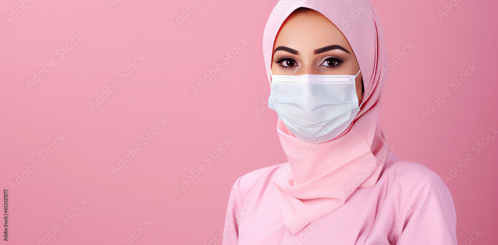 Pretty young Arab woman doctor in a mask wearing a hijab headscarf, portrait isolated on pink flat background. Banner template with copy space for text. Pretty young Arab woman doctor in a mask wearing a hijab headscarf, portrait isolated on pink flat background. Banner template with copy space for text.