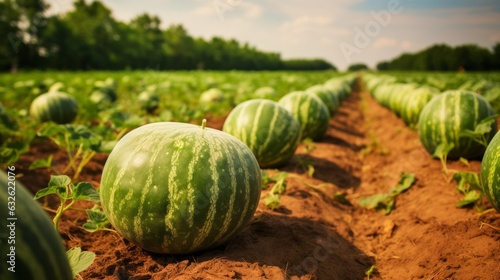 Mature big watermelons in the watermelon field. AI generative.