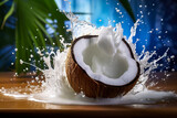 Coconut milk splash swirl background. White liquid organic milk on background of tropical cracked and whole coconut