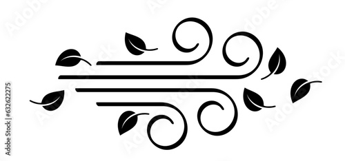 Leaves, spring time. Puff of wind blow line symbol. leaf, blowing wind, weather, environment. Gust pictogram. Wind trails. Dust spray and wind blowing trails. Windy weather, forecast.