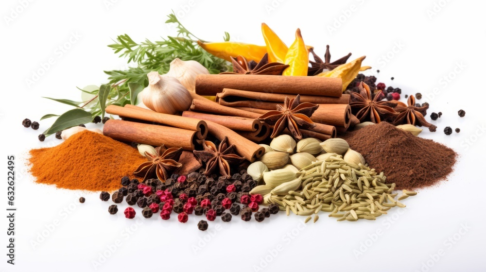 Fototapeta premium Spices and herbs on white background. variety of spice on white background. AI generative.