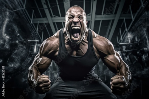 An energetic photo of a bodybuilder engaging in a high-intensity workout, capturing their raw power and determination. Generative Ai