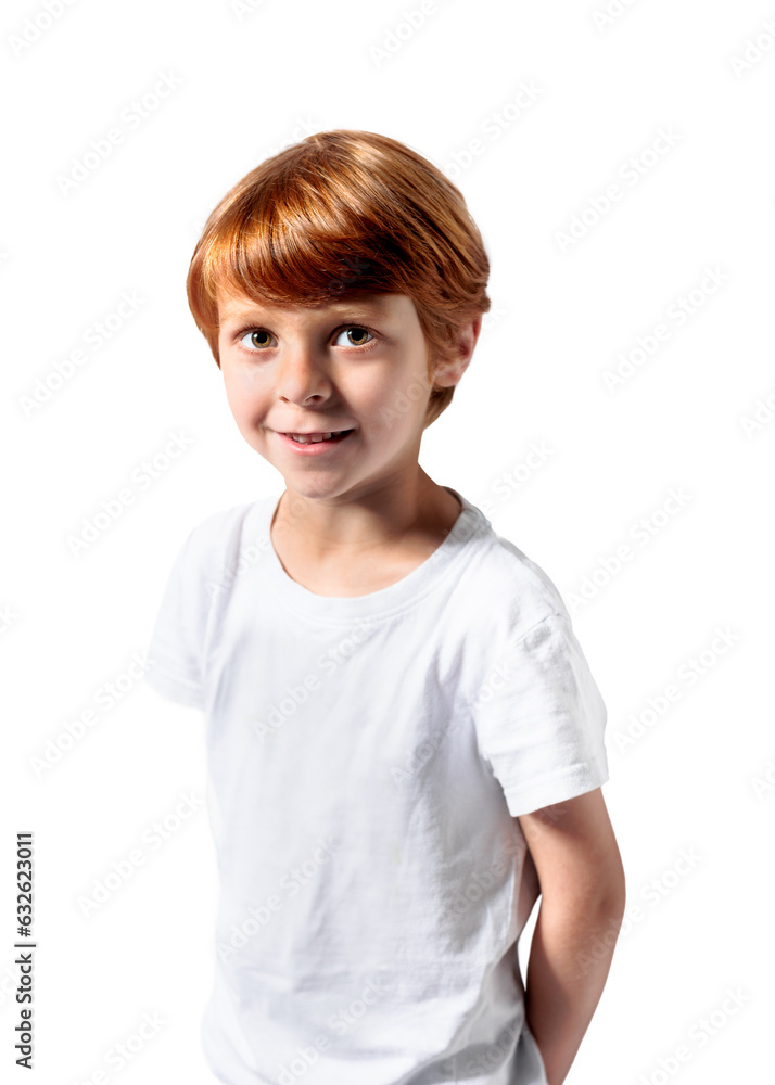 Red-haired boy in white t-shirt close-up cropped view at gray background Red-haired boy in white t-shirt close-up cropped view at gray background
