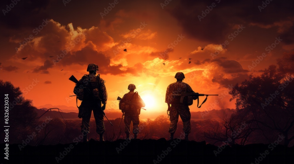 Silhouette of soldiers on sunset background on dusty dessert war. AI generative.