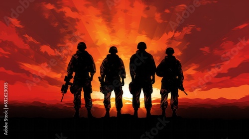 Silhouette of soldiers on sunset background on dusty dessert war. AI generative.
