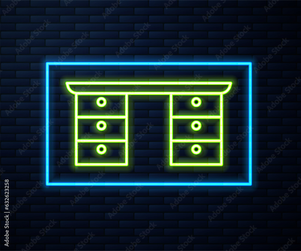 Glowing neon line Office desk icon isolated on brick wall background. Vector Glowing neon line Office desk icon isolated on brick wall background. Vector