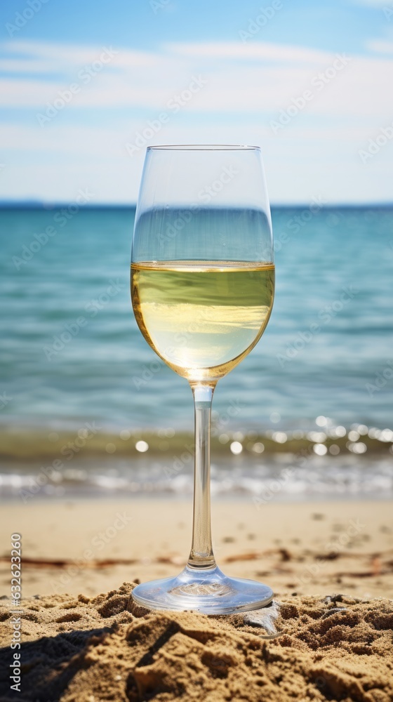 White wine on the summer sea background. AI generative. White wine on the summer sea background. AI generative.