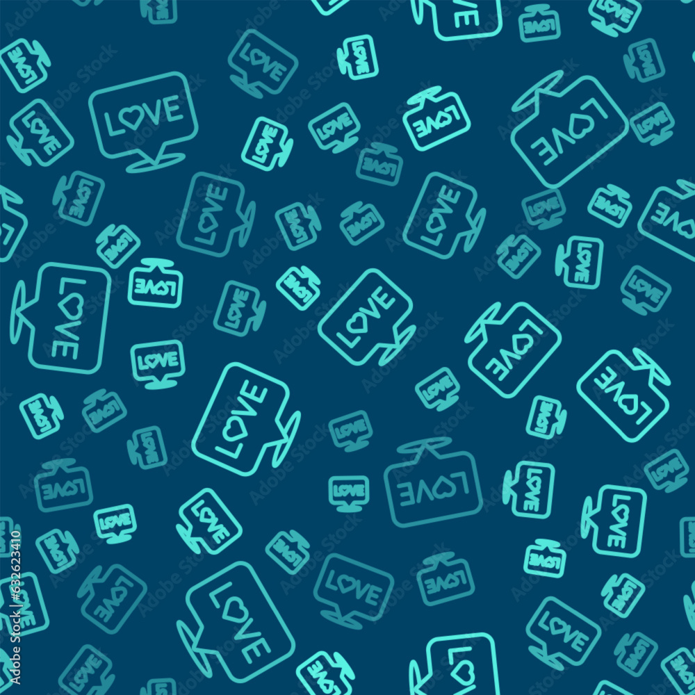 Green line Love text icon isolated seamless pattern on blue background. Valentines day greeting card template. Vector Green line Love text icon isolated seamless pattern on blue background. Valentines day greeting card template. Vector