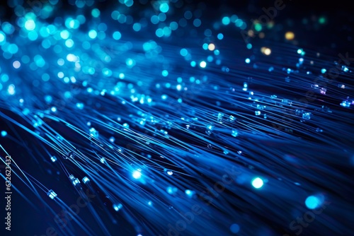Blue Fiber Optics Background. Network and Communications Technology in Cyberspace with Optical Cables and Web Connectors: Generative AI