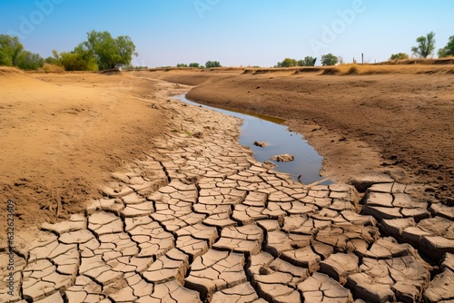 Dry Riverbed in Summer Heat: Cracked Ground with Water Leftovers and Green Plants on Sides in Arid Environmental Conditions: Generative AI photo
