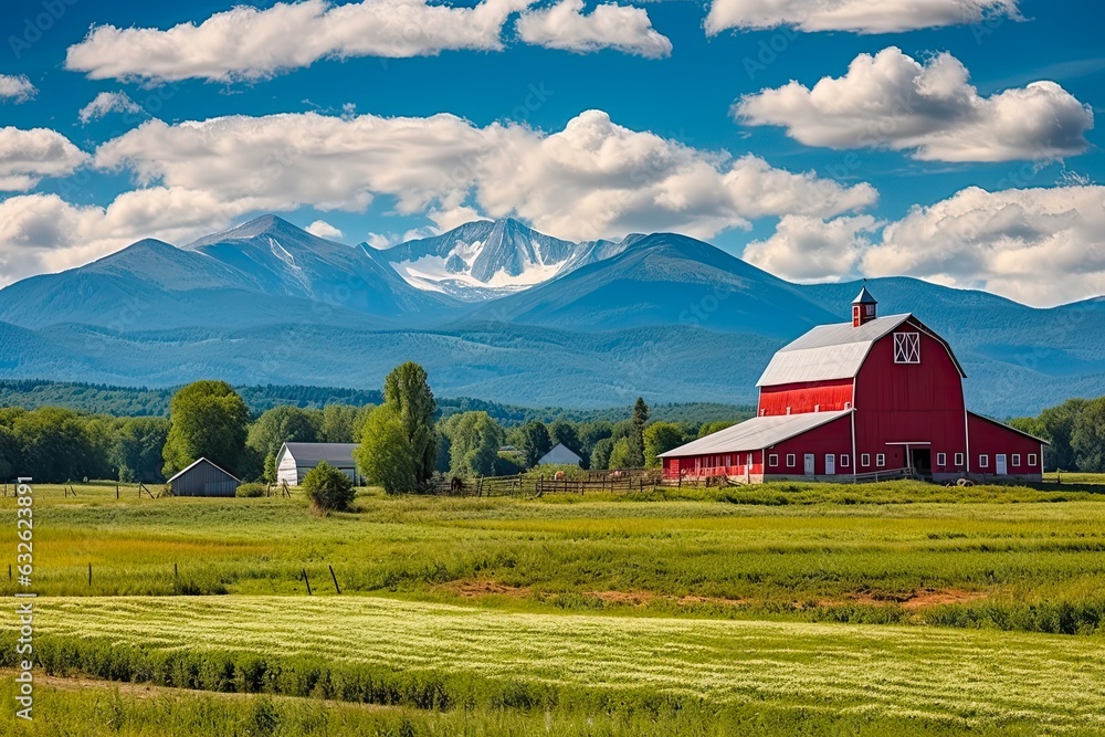 Stowe Summer: idyllic Farm Landscape with Mt. Mansfield & Barn in the Backdrop - A Vermont Landmark: Generative AI