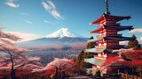 chureito pagoda with mt fuji japan behind colorful autumn trees and cherry blossoms scenic dramatic beautiful nature temple landmark generative AI