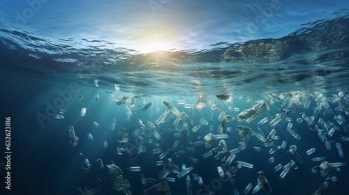 Plastic floating in the ocean  pollution in ocean  microplastic  sunlight with Generative AI.