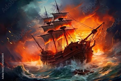 Sinking Pirate Ship in the Midst of Battle. Dramatic Water Disaster with Canons Firing and Flames Rising to the Sky: Generative AI