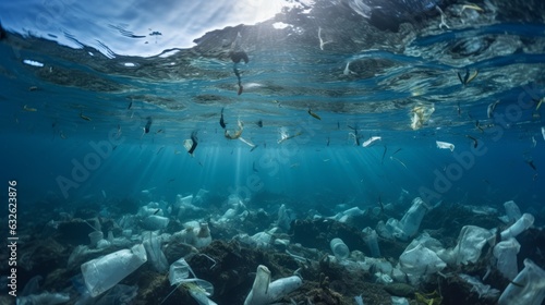 Plastic floating in the ocean, pollution in ocean, microplastic, sunlight with Generative AI.