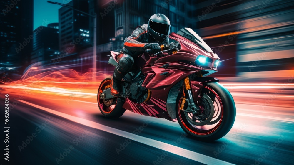 Fototapeta premium Racing motorcycle with abstract long exposure dynamic speed light trails in an urban environment city, Generative AI