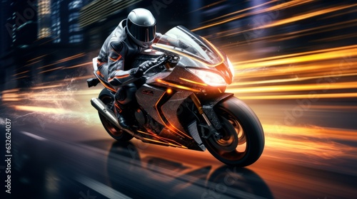 Racing motorcycle with abstract long exposure dynamic speed light trails in an urban environment city, Generative AI © vadymstock