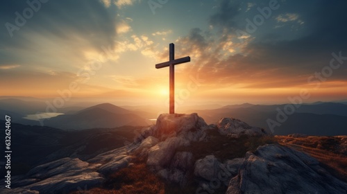 Religious christian cross crucifixion on top of mountain at sunset. AI Generative.