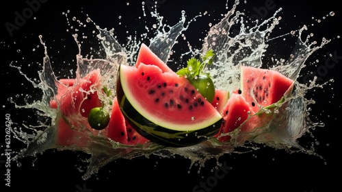 Watermelon explosion on black background. AI generative.