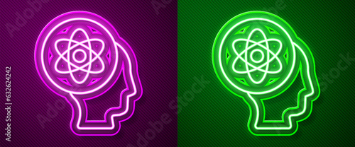 Glowing neon line Atom icon isolated on purple and green background. Symbol of science, education, nuclear physics, scientific research. Vector