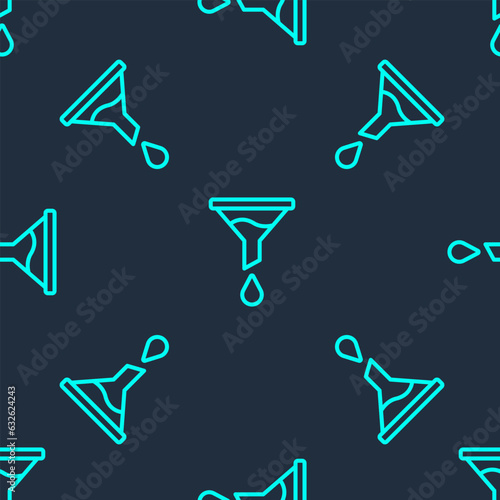 Green line Funnel or filter icon isolated seamless pattern on blue background. Vector