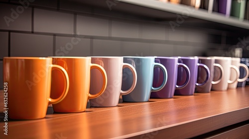 coffee mugs lined up near keurig in lounge kitchenette generative AI photo