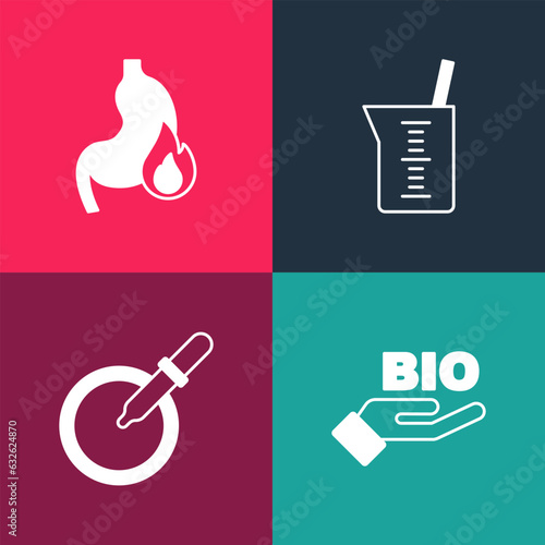 Set pop art Bio healthy food, Petri dish with pipette, Laboratory glassware or beaker and Stomach heartburn icon. Vector
