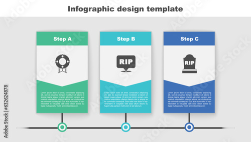 Set Memorial wreath, Speech bubble rip death and Tombstone with RIP written. Business infographic template. Vector