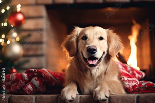 dog sitting in front of a fireplace with Christmas stockings   allow copy space  christmas banner  bright palette