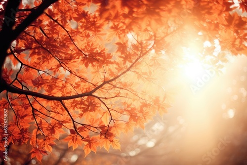 Maple leaves in autumn season with sunbeams and lens flare