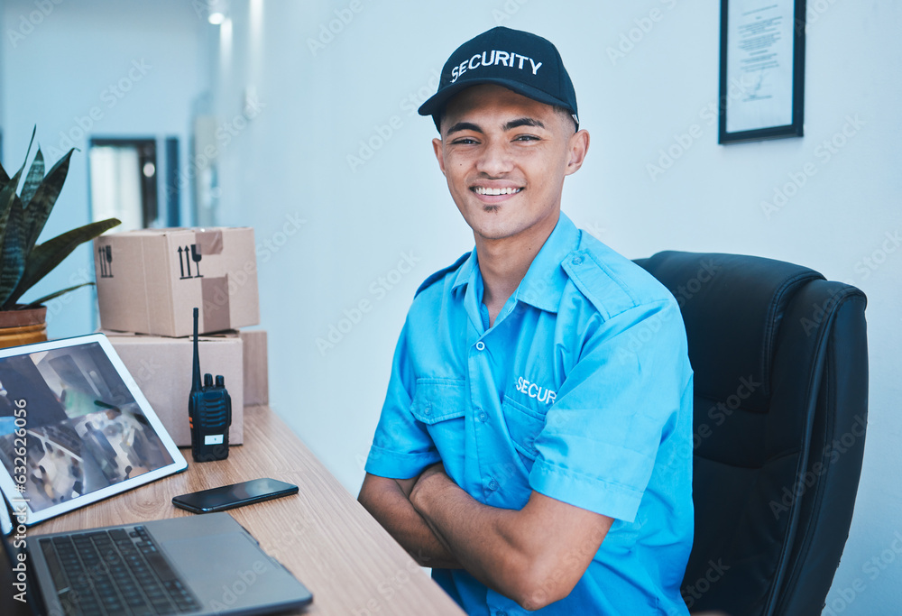 Security guard man, portrait and smile to monitor with laptop, tablet and arms crossed in control room. Young safety officer, surveillance expert and happy for job, protection service and computer Security guard man, portrait and smile to monitor with laptop, tablet and arms crossed in control room. Young safety officer, surveillance expert and happy for job, protection service and computer