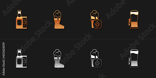 Set Beer bottle and beer can, Boot glass, Glass of and tap icon. Vector