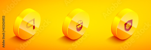 Set Isometric Hacksaw, Lumberjack and Wooden logs icon. Vector