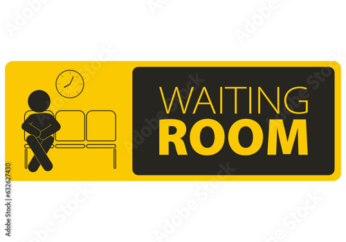 Printable label sicker design of Waiting Room Siang in black yellow rectangle square with illustration man sitting on bench chair and clock showing time on the wall