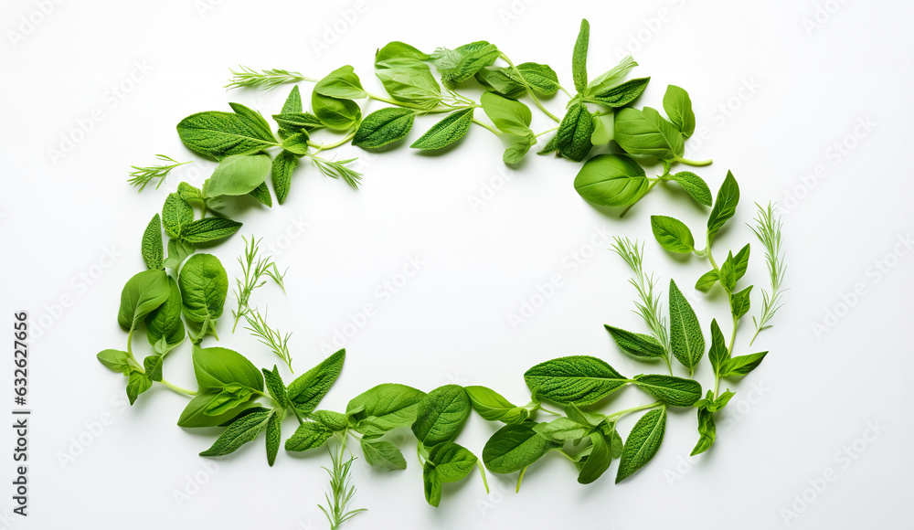 Fototapeta premium Green leaves on white background as botanical frame flatlay, eco design and spring nature flat lay concept