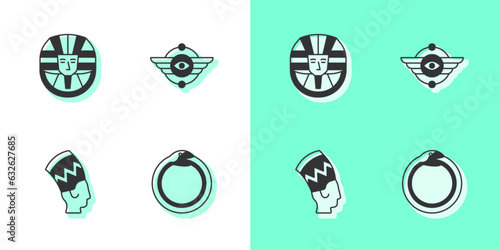 Set Magic symbol of Ouroboros, Egyptian pharaoh, Nefertiti and Winged sun icon. Vector