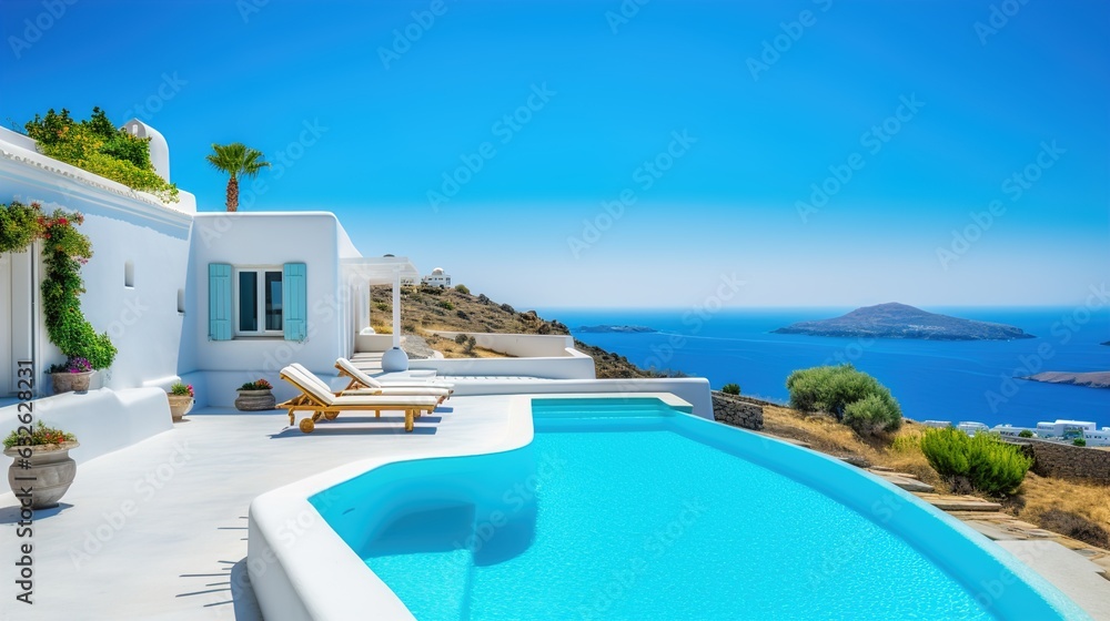 Seaside Serenity: Your Ultimate Summer Escape at the Versatile Mediterranean Pool House - obrazy, fototapety, plakaty 