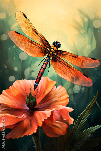 Red dragonfly on flower illustration 