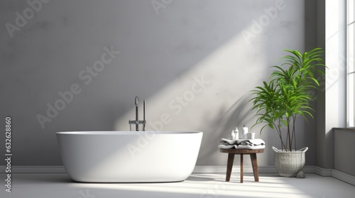 A white bath tub sitting in a bathroom next to a plant. AI.