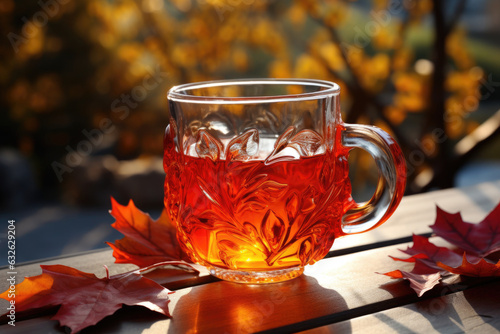 Glass cup of tea in the autumn terrace Generative AI