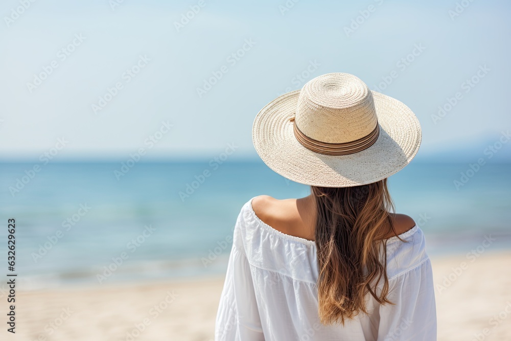 Close up of young woman standing on a beach in white dress with a hat and looking to the horizon